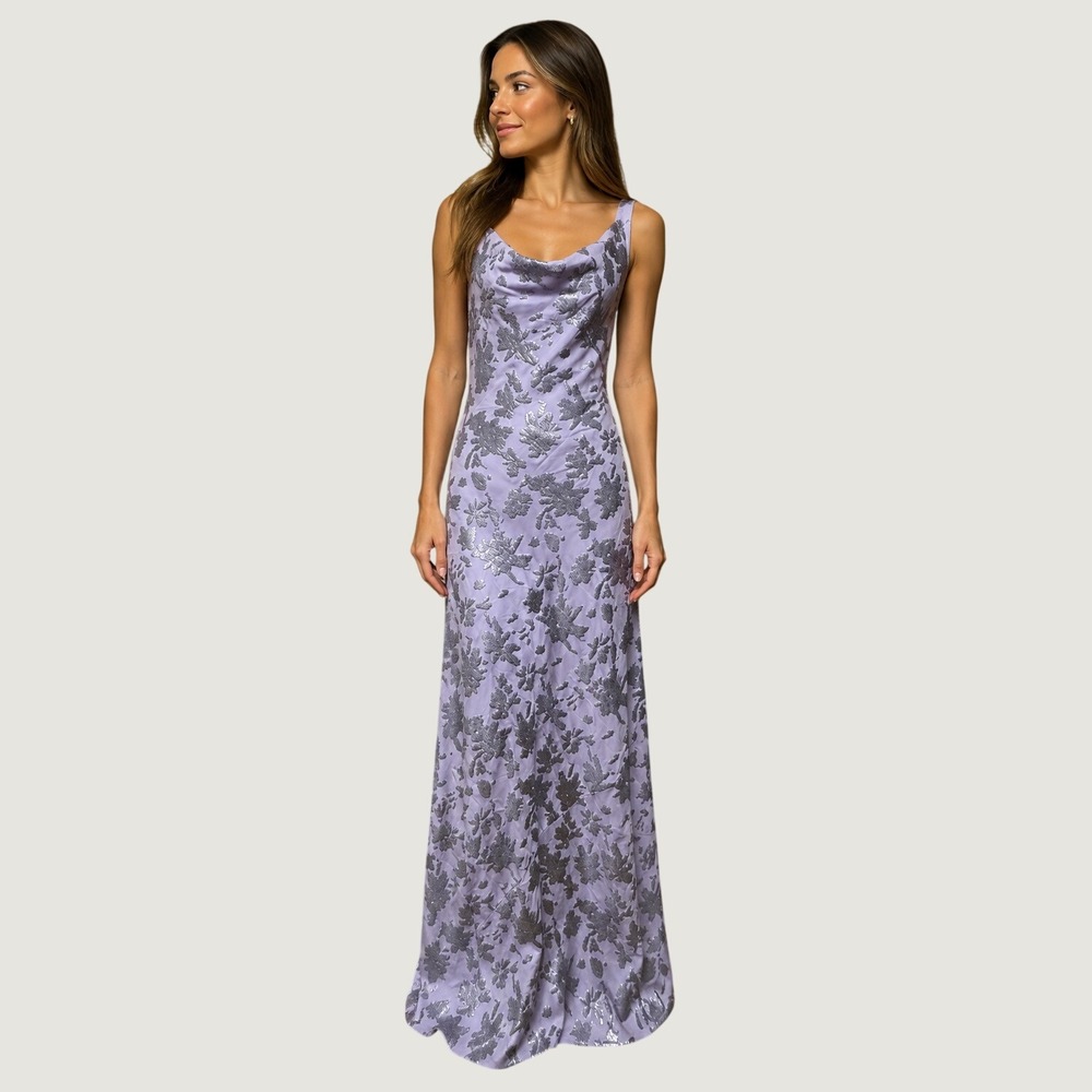 Donna Karan 0 Small Purple Silver Sequin Gown Cowl Neck Dress Open Back Lavender